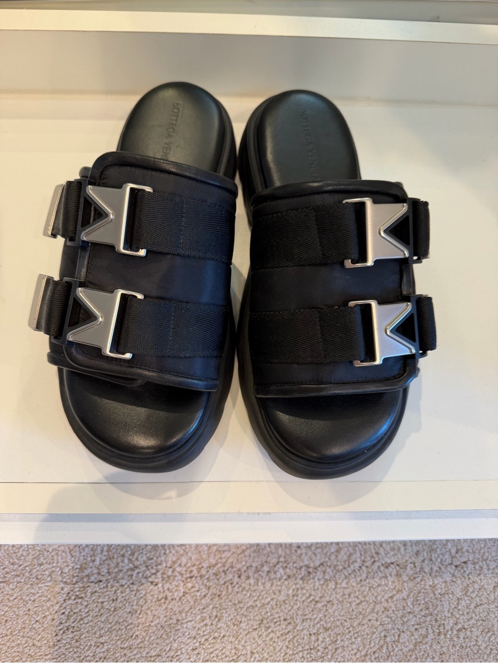 Bottega Veneta Black Leather & Fabric Double-Buckle Slide Sandals